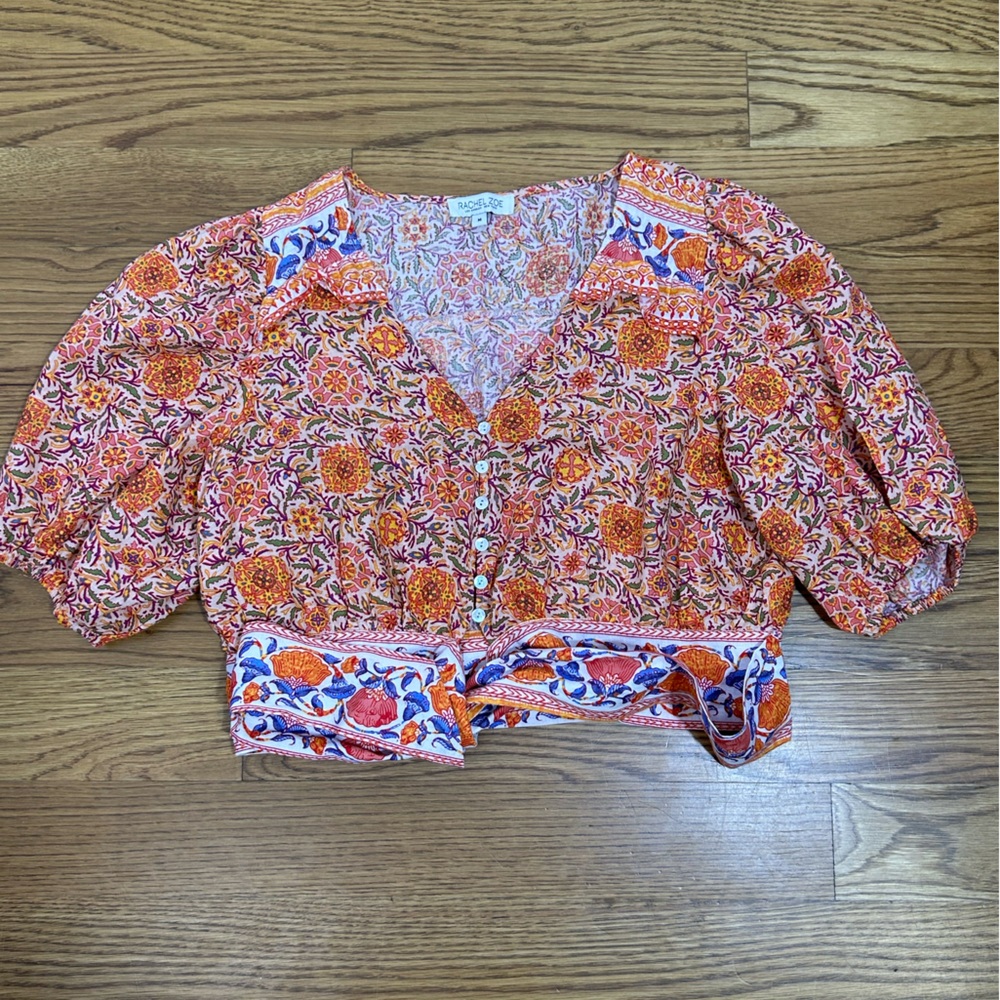 Rachel Zoe Cropped Boho V-front Tie-Front Floral Linen Top‎ Orange & Purple - Picture 8 of 14